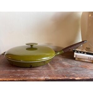 Vintage Copco 12in Cast Iron Pan with Lid Avocado Green and Dark Wood Handle
